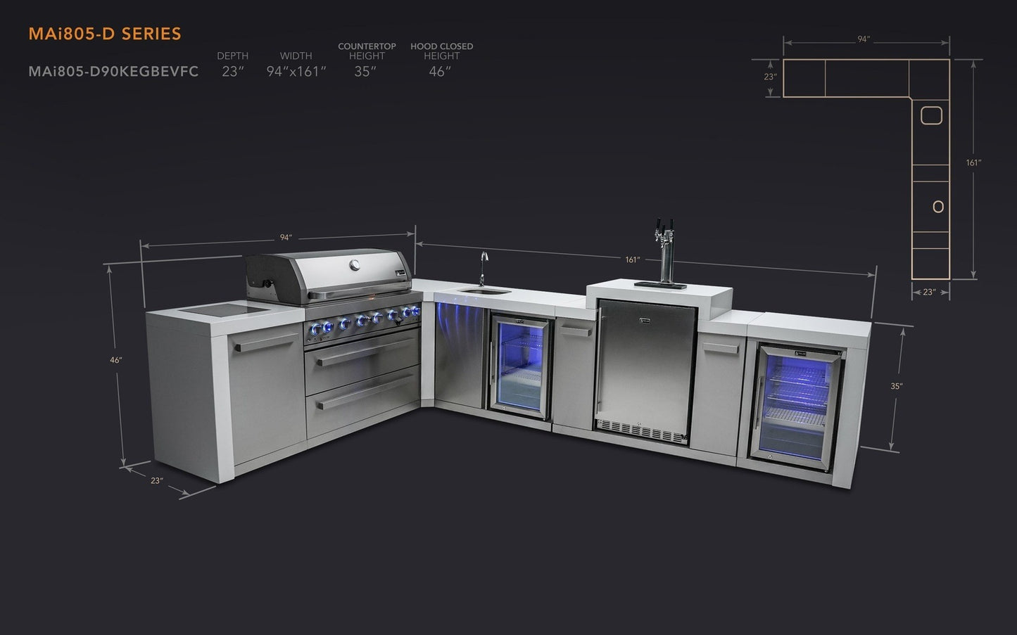 Mont Alpi 805 L-Shaped Deluxe Island with Kegerator, Beverage Center and Fridge Cabinet