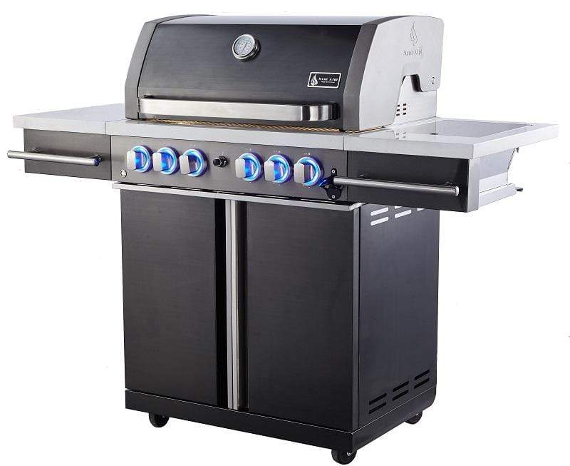 Mont Alpi Black Stainless Steel Supreme Cart Grill, 4-Burner, 2 Infrared Burners, White Composite Granite Side Shelves - S-470