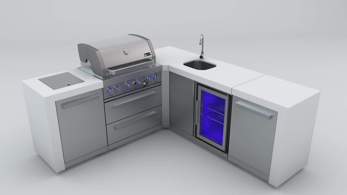 Mont Alpi 400 L-Shaped Deluxe Island with Fridge, Sink, 4-Burner Grill, 2 Infrared Burners, Stainless Steel, MAi400-D90BEV