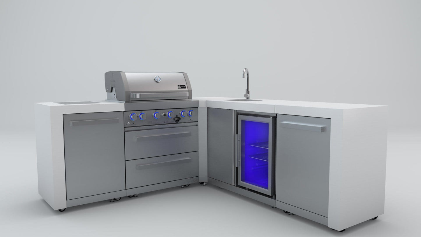 Mont Alpi 400 L-Shaped Deluxe Island with Fridge, Sink, 4-Burner Grill, 2 Infrared Burners, Stainless Steel, MAi400-D90BEV