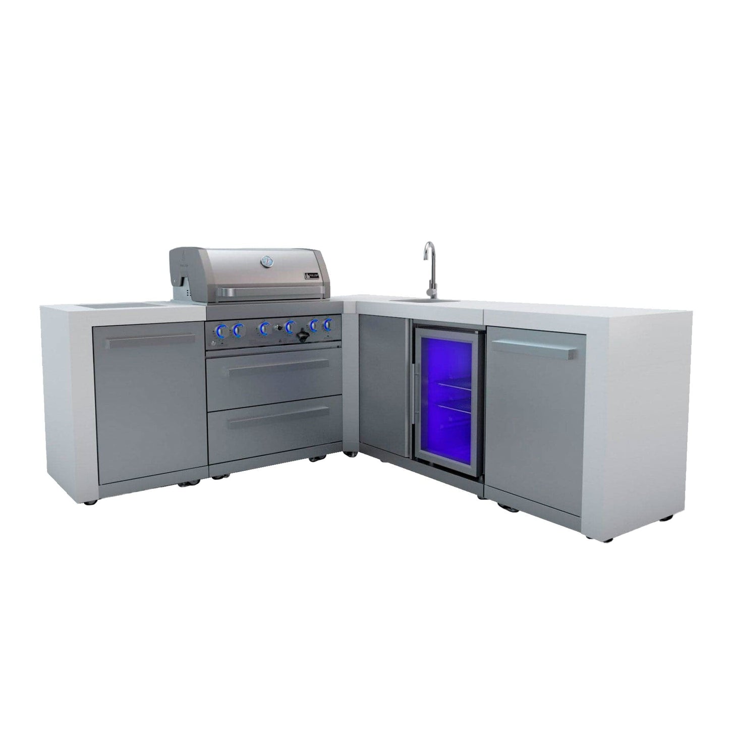 Mont Alpi 400 L-Shaped Deluxe Island with Fridge, Sink, 4-Burner Grill, 2 Infrared Burners, Stainless Steel, MAi400-D90BEV
