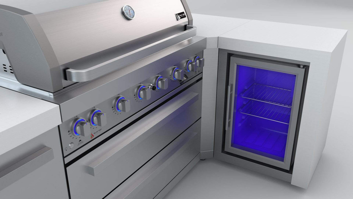 Mont Alpi 805 L-Shaped Deluxe Island with Fridge, 6-Burner Grill, 2 Infrared Burners, Stainless Steel MAi805-D90FC