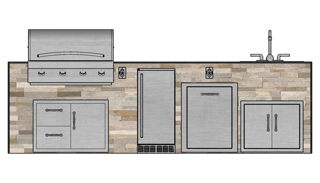 The Great Smoky 121 Inch Linear Outdoor Kitchen Island with Waterfall Granite Countertops, Fridge, and Sink