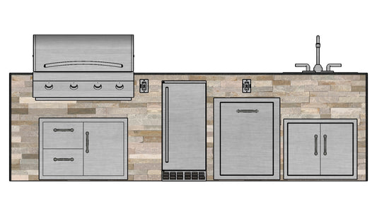 The Great Smoky 121 Inch Linear Outdoor Kitchen Island with Waterfall Granite Countertops, Fridge, and Sink