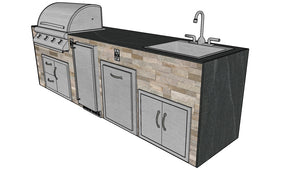 The Great Smoky 121 Inch Linear Outdoor Kitchen Island with Waterfall Granite Countertops, Fridge, and Sink