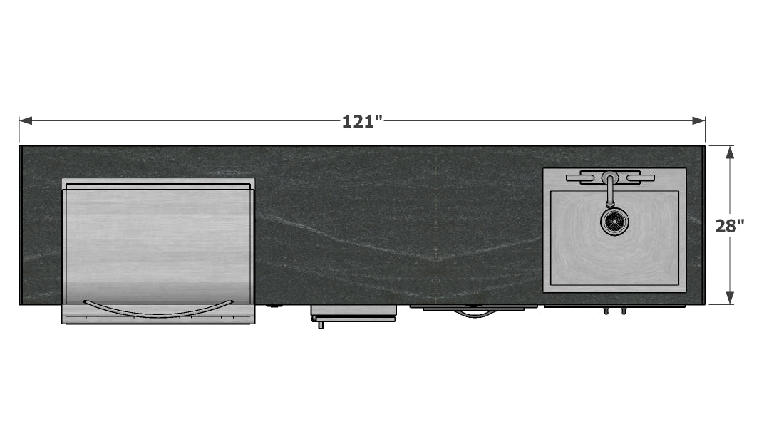 The Great Smoky 121 Inch Linear Outdoor Kitchen Island with Waterfall Granite Countertops, Fridge, and Sink