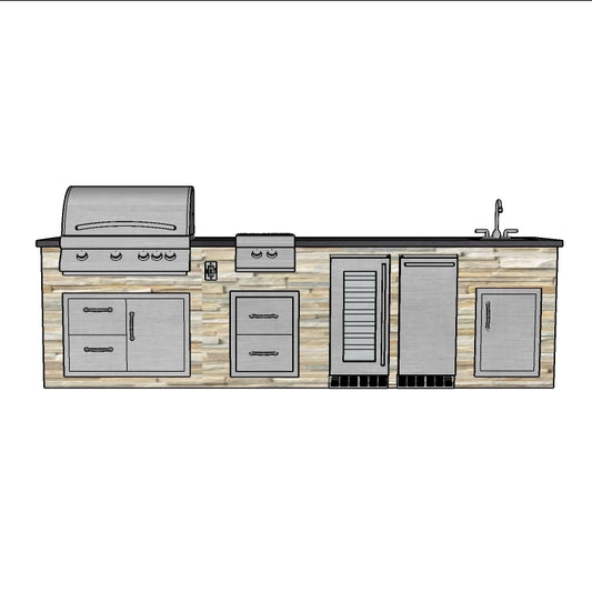 The Southgate Lookout 132 Inch Linear Outdoor Kitchen Island with Granite Countertops, Blaze Grill, Fridge, Ice Machine, Sink