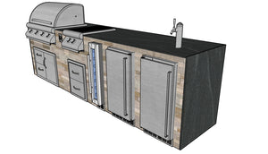 The Lookout 127 Inch Linear Outdoor Kitchen Island with Waterfall Granite Countertops, Fridge, Kegerator and More