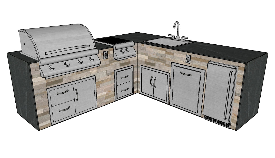 The Le Conte 127 Inch L-Shaped Outdoor Kitchen Island with Waterfall Granite Countertops, Fridge, Sink and More