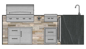 The Old Hickory 137 Inch L-Shaped Outdoor Kitchen Island with Waterfall Granite Countertops, Fridge, Sink and More