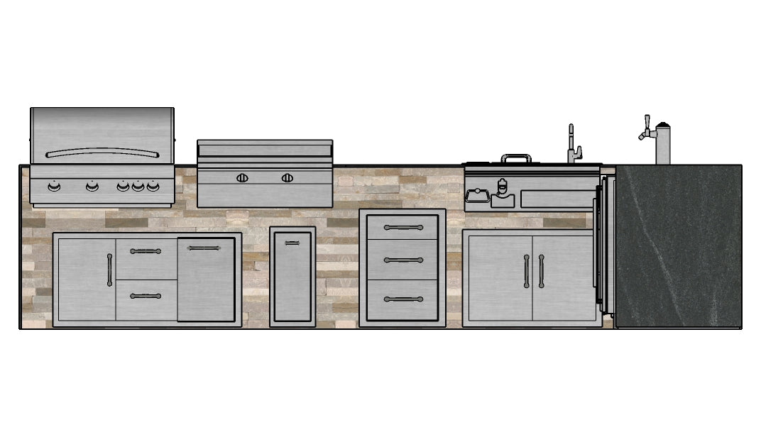 The Percy Priest 160 Inch L-Shaped Outdoor Kitchen Island with Waterfall Granite Countertops, Fridge, Bar Center, Griddle and More