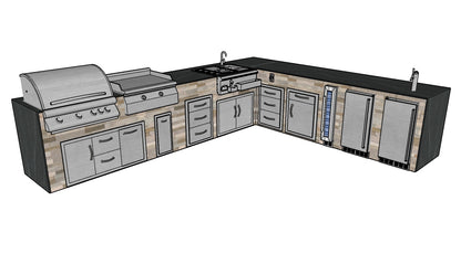 The Percy Priest 160 Inch L-Shaped Outdoor Kitchen Island with Waterfall Granite Countertops, Fridge, Bar Center, Griddle and More