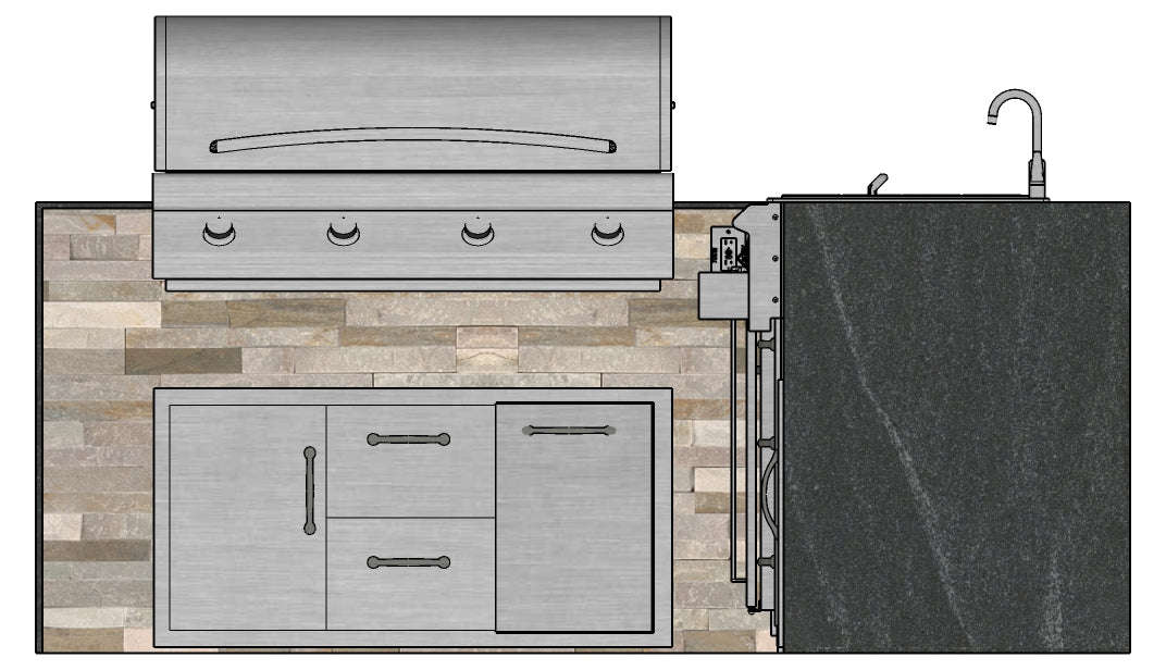 The Old Hickory 137 Inch L-Shaped Outdoor Kitchen Island with Waterfall Granite Countertops, Fridge, Sink and More