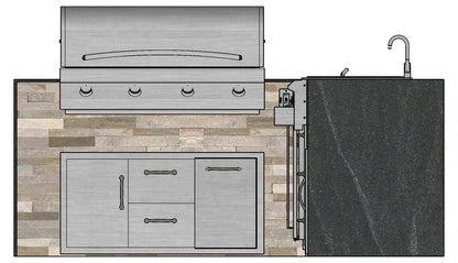 The Old Hickory 137 Inch L-Shaped Outdoor Kitchen Island with Waterfall Granite Countertops, Fridge, Sink and More