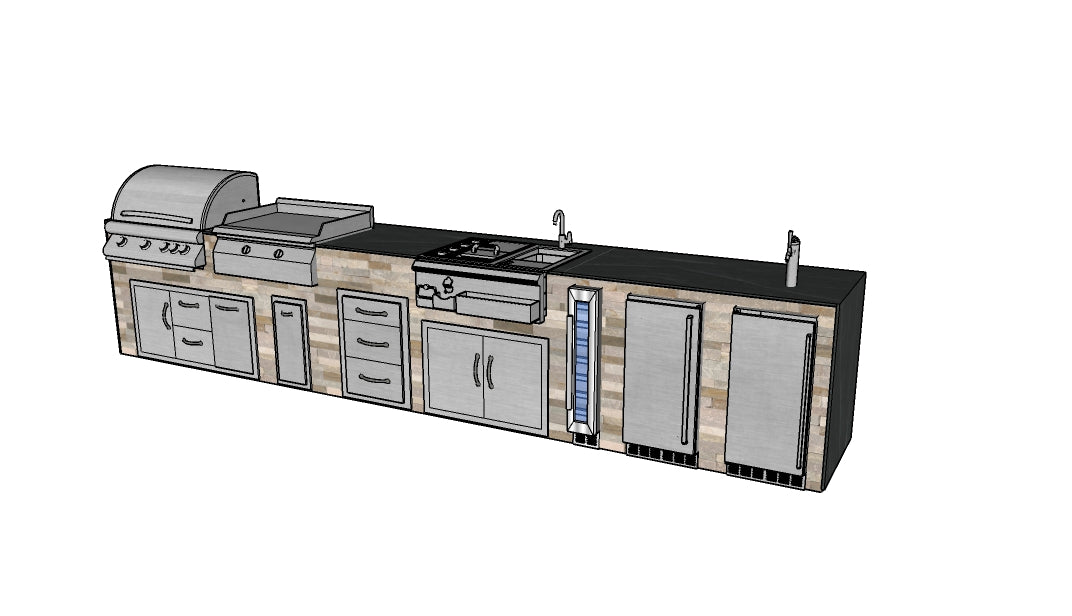 The Big Harpeth 187 Inch Linear Luxury Outdoor Kitchen Island with Waterfall Granite Countertops, Griddle, Kegerator and More