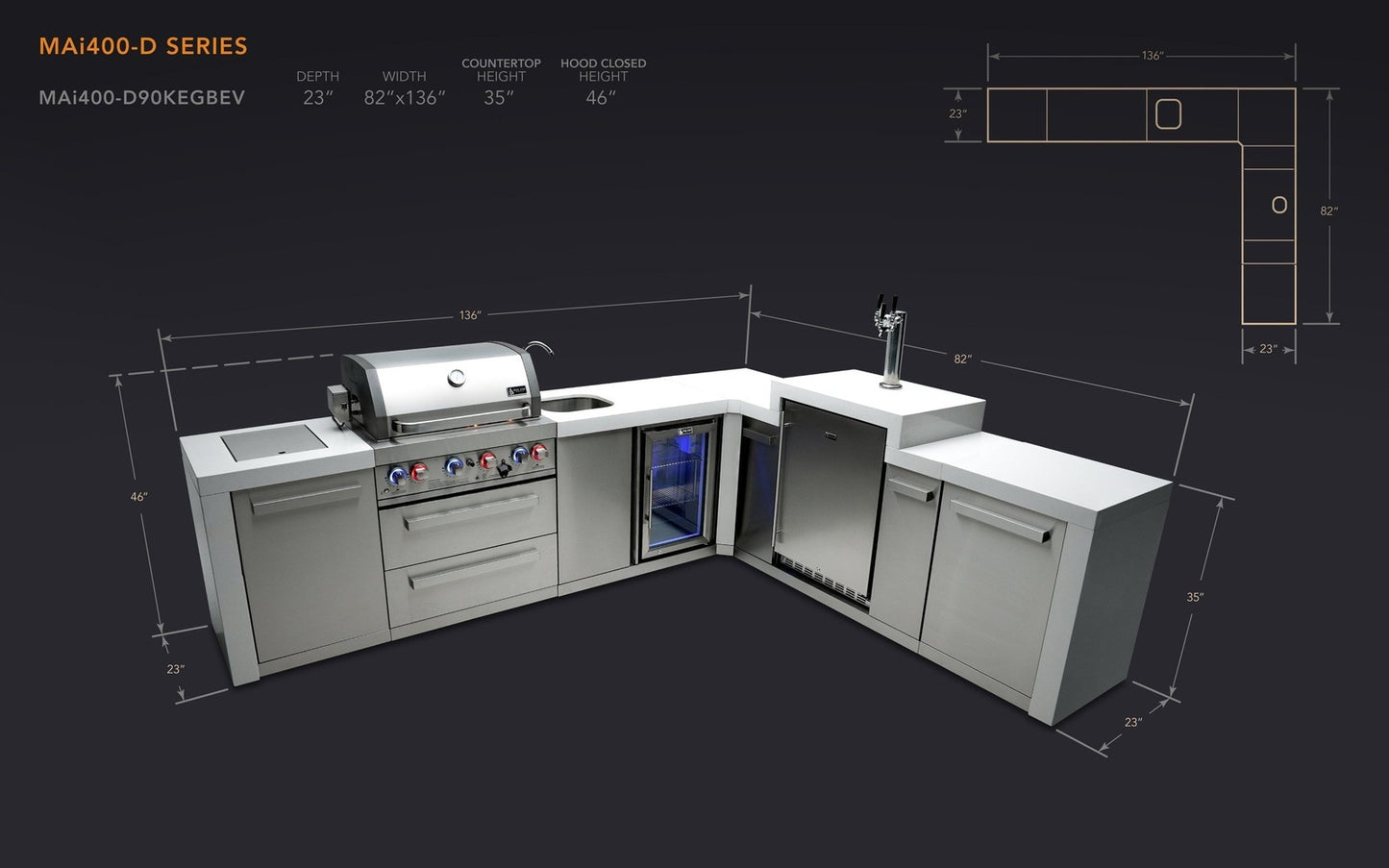 Mont Alpi 400 L-Shaped Deluxe Island with Kegerator and Beverage Center