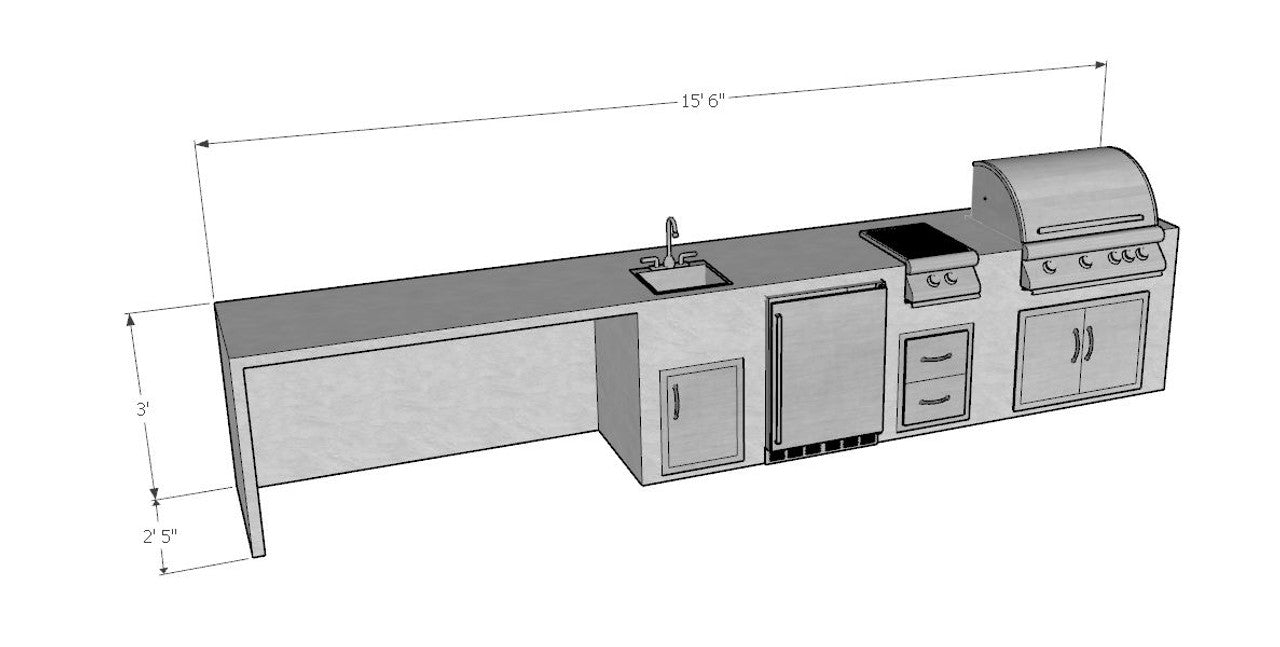 190 Inch Dove Ready To Finish Linear Outdoor Kitchen with Blaze Appliances