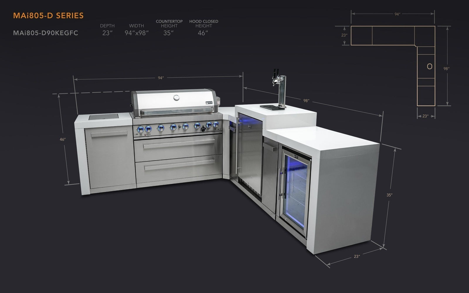 Mont Alpi 805 L-Shaped Deluxe Island with Kegerator and Fridge Cabinet