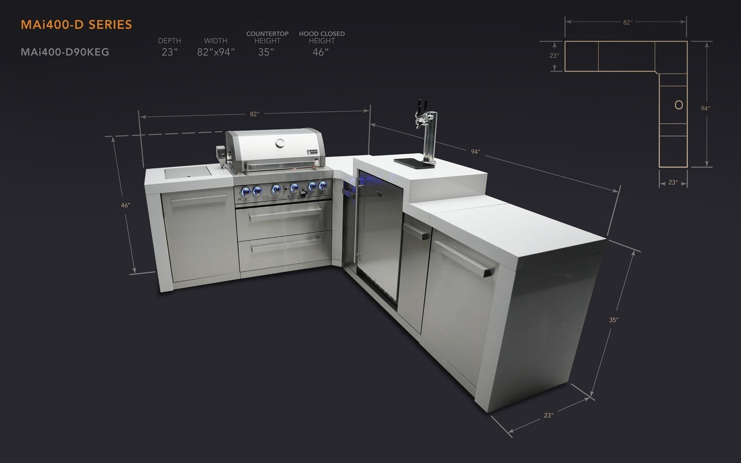 Mont Alpi 400 L-Shaped Deluxe Island with a 90 Degree Corner and Kegerator