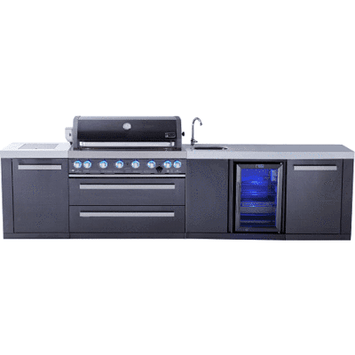 Mont Alpi 10 Foot Black Stainless Steel BBQ Island with 805 Deluxe Gas Grill, Beverage Center and Infrared Side Burner - MAi805-BSSBEV