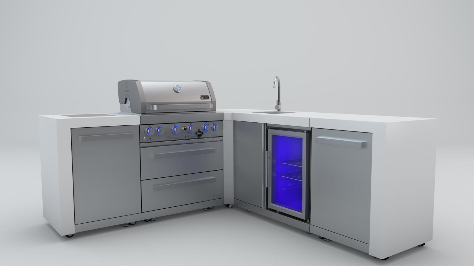 Mont Alpi 400 L-Shaped Deluxe Island with Fridge, Sink, 4-Burner Grill, 2 Infrared Burners, Stainless Steel, MAi400-D90BEV