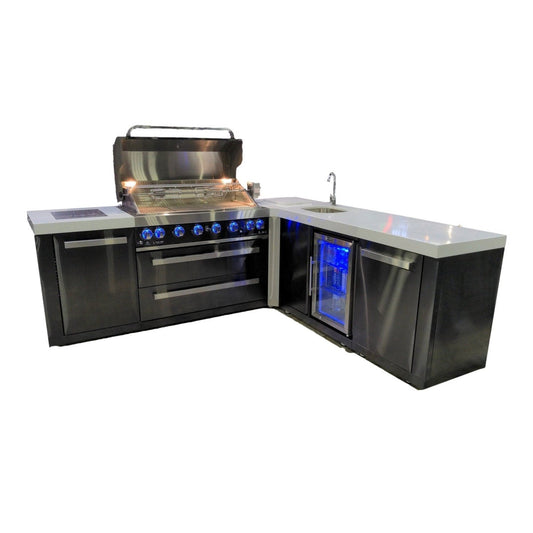 Mont Alpi 805 L-Shaped Black Stainless Steel Island with Beverage Center, 6-Burner Grill, Sink and Fridge - MAi805-BSSBEV90C