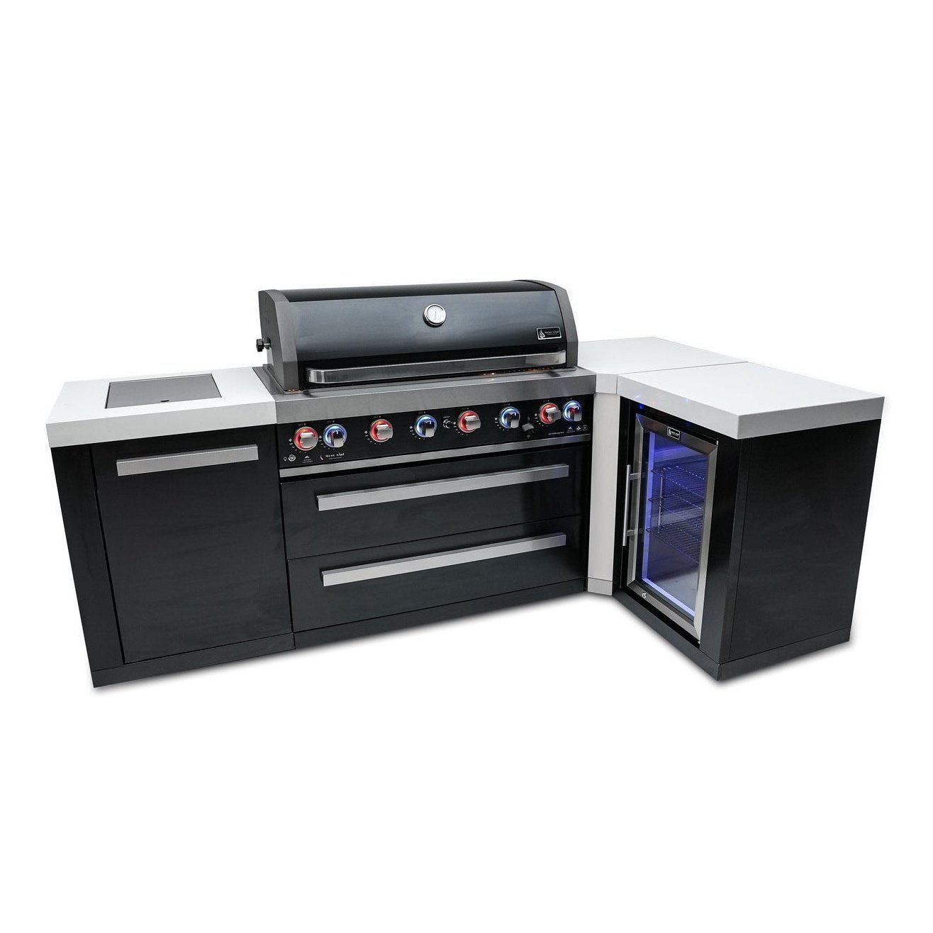 Mont Alpi L Shaped Grill Island with 805 Deluxe Gas Grill, Outdoor Rated Fridge Cabinet, Infrared Side Burner, Black Stainless Steel - MAi805-BSS90FC