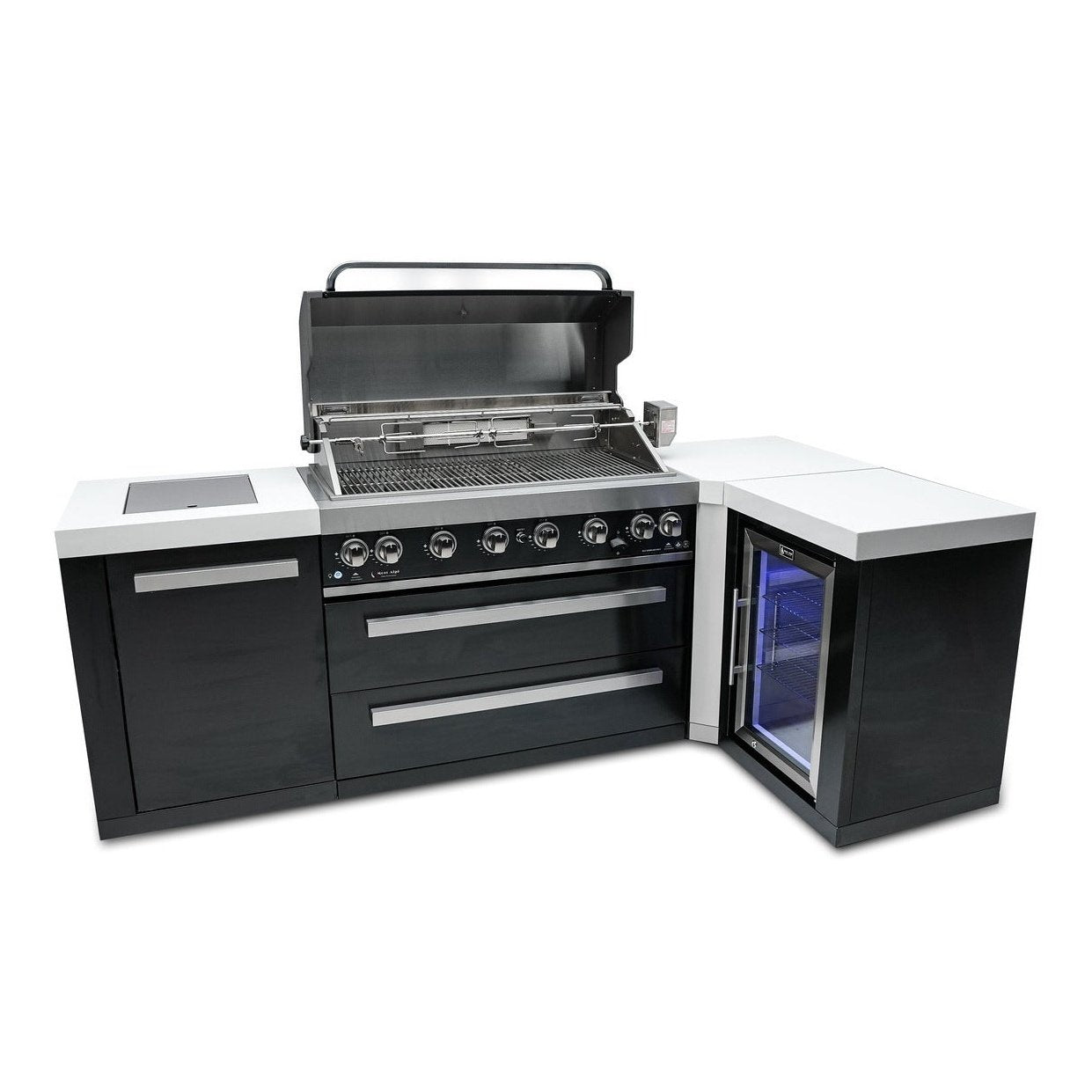 Mont Alpi L Shaped Grill Island with 805 Deluxe Gas Grill, Outdoor Rated Fridge Cabinet, Infrared Side Burner, Black Stainless Steel - MAi805-BSS90FC