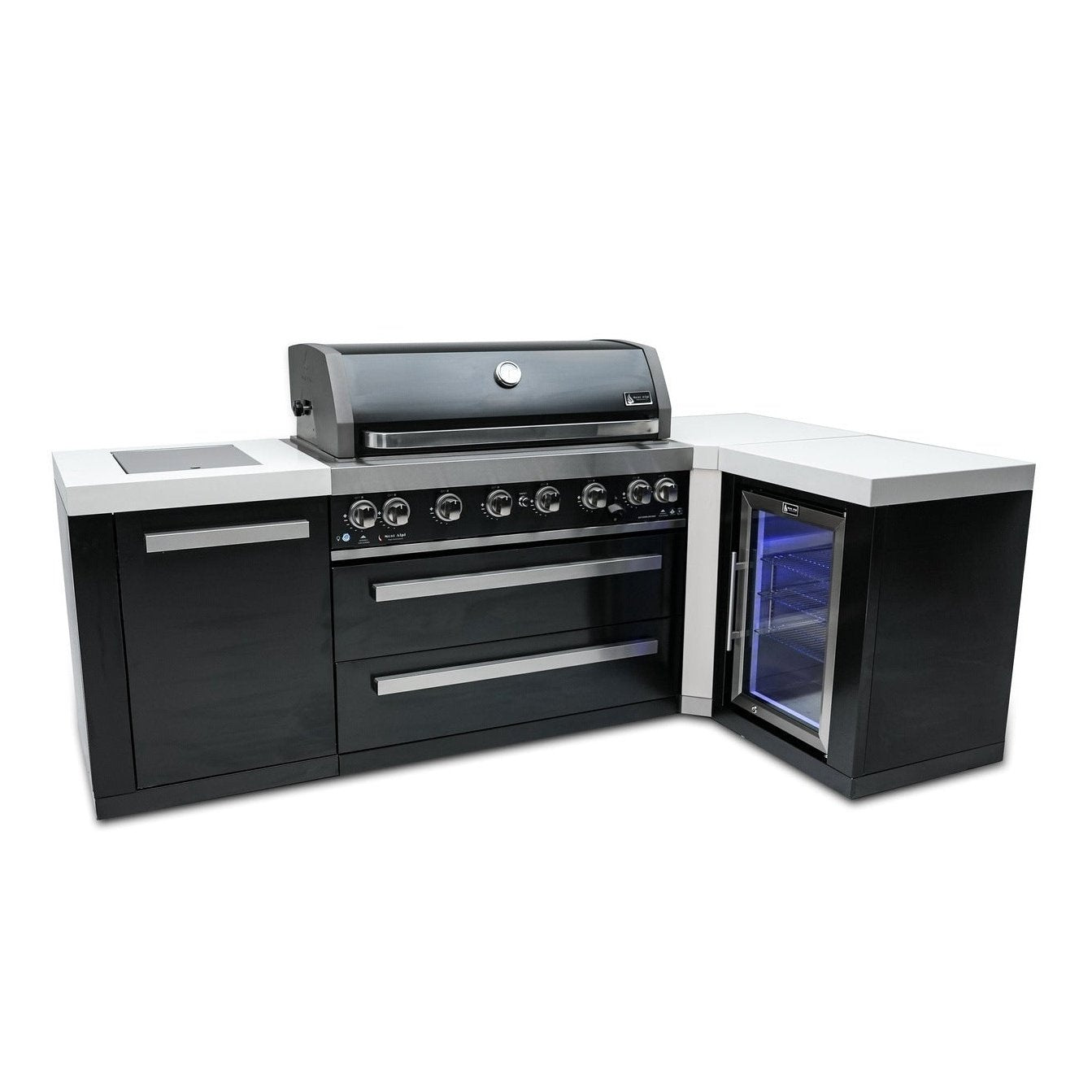 Mont Alpi L Shaped Grill Island with 805 Deluxe Gas Grill, Outdoor Rated Fridge Cabinet, Infrared Side Burner, Black Stainless Steel - MAi805-BSS90FC